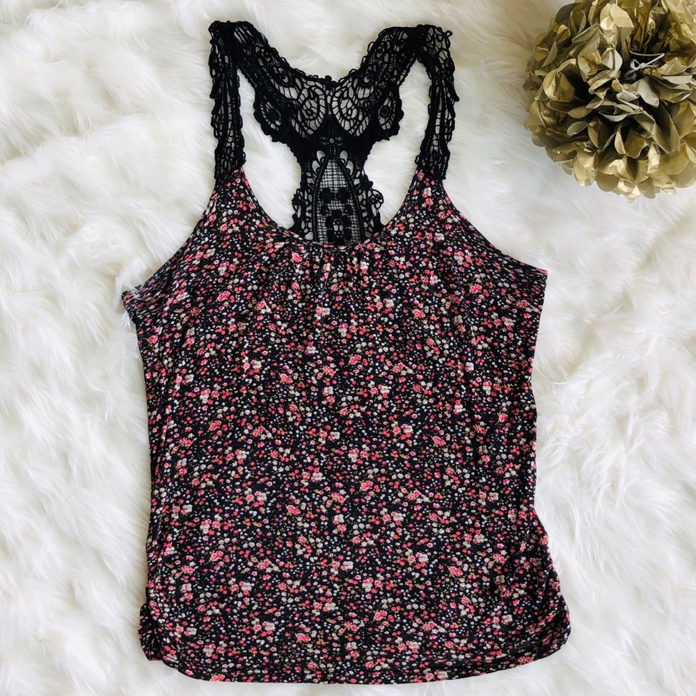 Ciel Bleu Black Floral Sleeveless Lace Back Top M